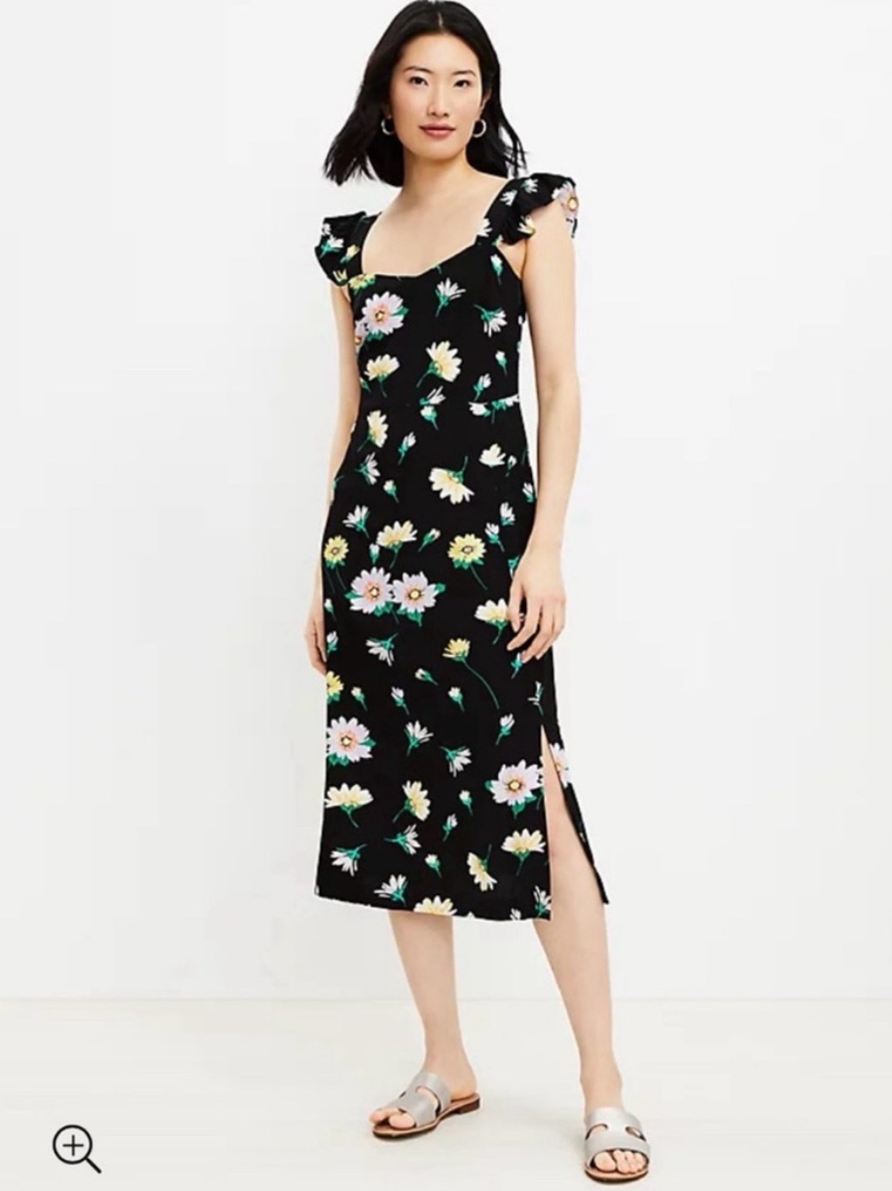 NWT LOFT Floral Flutter Sleeve Midi Dress Black Daisy Print